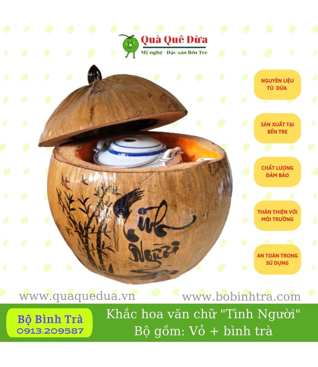 Bộ Bình Trà Trái Dừa Khắc Hoa Văn Lồng ChữTình Người,Tặng Kèm Bình Trà