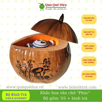 Bộ Bình Giữ Ấm Trà Trái Dừa Hoa Văn Lồng Chữ Phúc Sinh Phú Quý,Tặng Kèm Bình Trà